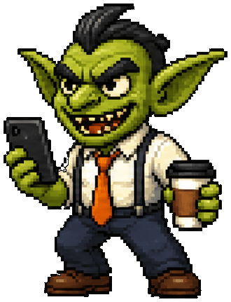Corporate Goblin pixel character holding a phone and coffee